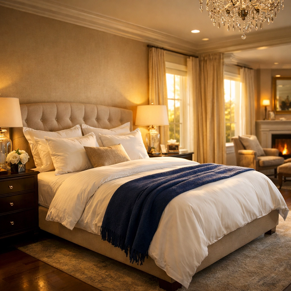 Relaxing, dust-free master bedroom in Shirley MA following a deep house cleaning service.