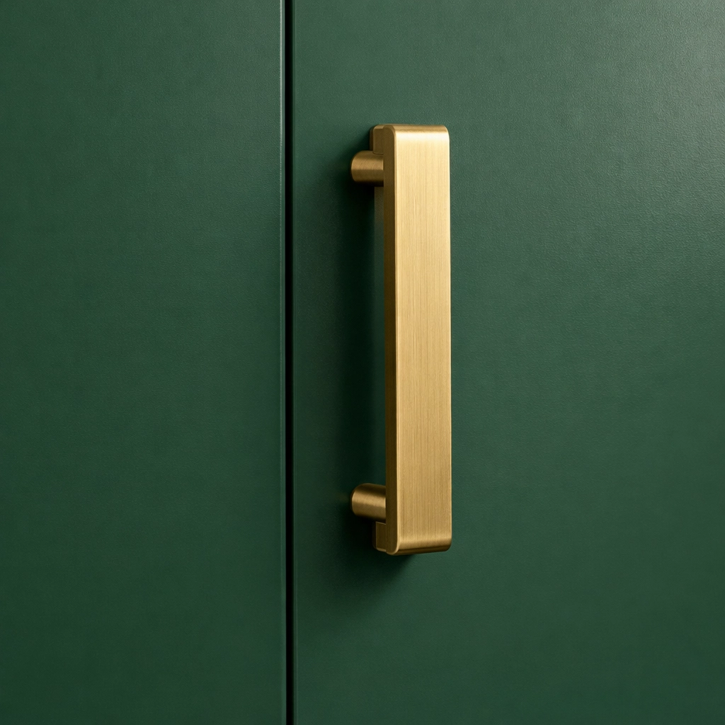 Close-up of a brushed brass handle on custom forest green cabinetry by interior designers in Derby.
