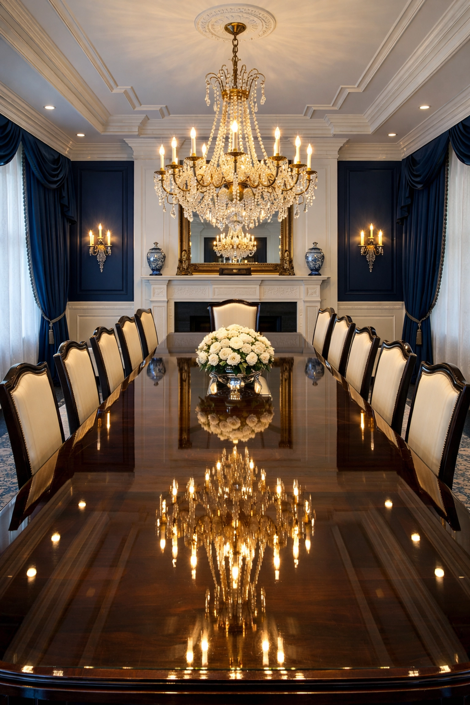 A grand Dover estate dining room with gleaming surfaces from high-end residential cleaning Massachusetts.