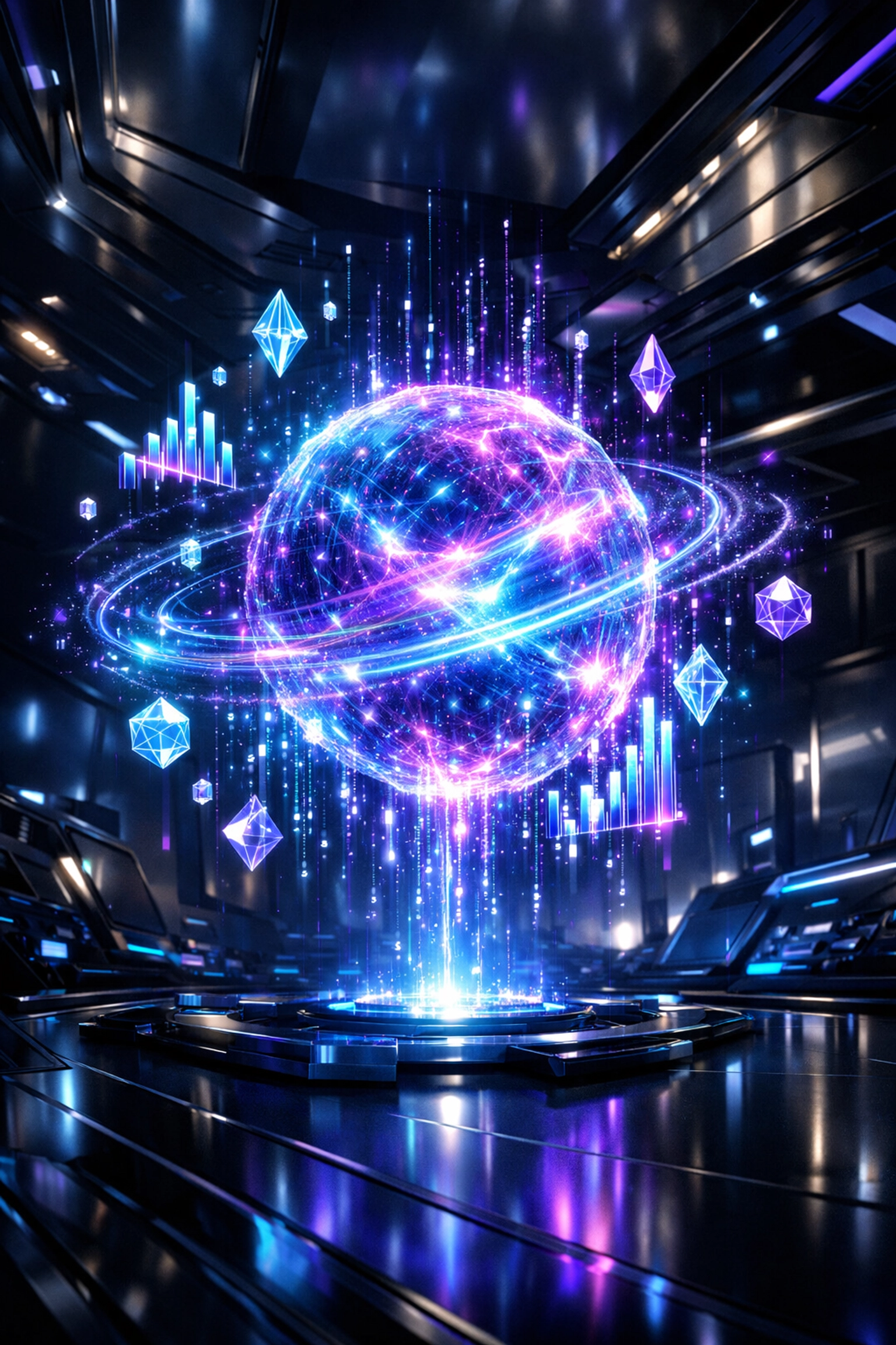 Real-time XR training performance metrics visualized as glowing holographic digital data nodes.