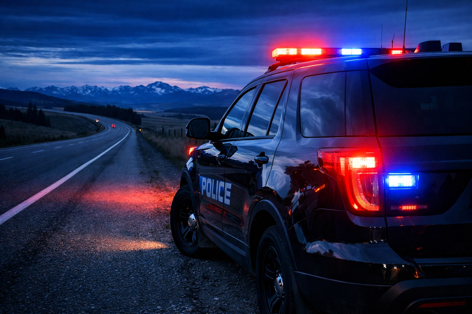 An Alberta law enforcement patrol vehicle with emergency lights active on a regional highway at dusk.
