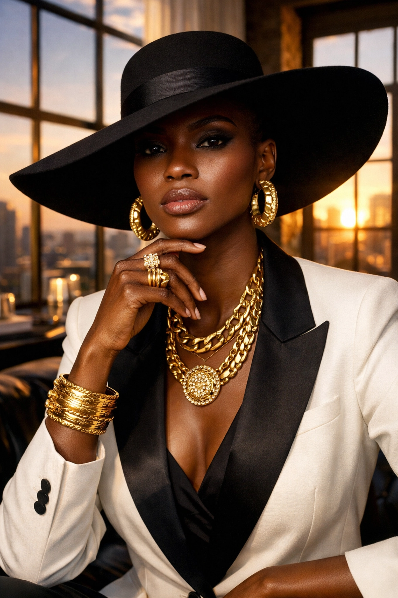 Elegant Black woman wearing luxury hats and gold jewelry supporting a Black-owned brand.