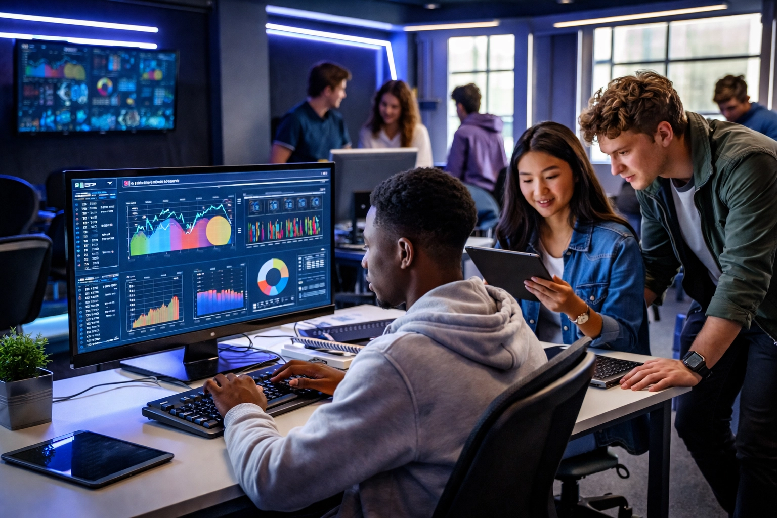 Diverse students learning cloud computing and data analytics in an esports learning lab, highlighting career pathways.