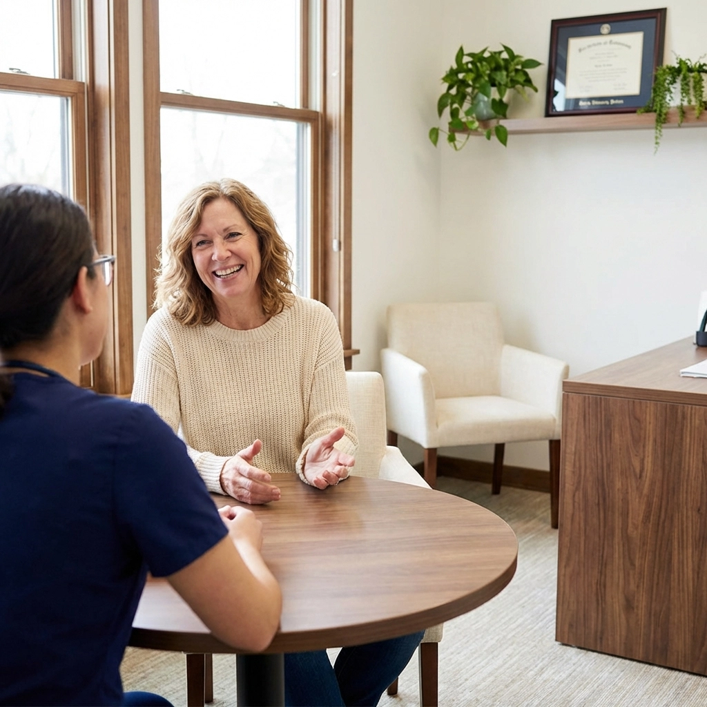 Woman with thick, healthy hair consults with hair restoration specialist at a wellness clinic in West Palm Beach.