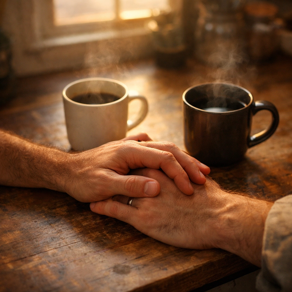 Gay couple's morning coffee ritual with intertwined hands