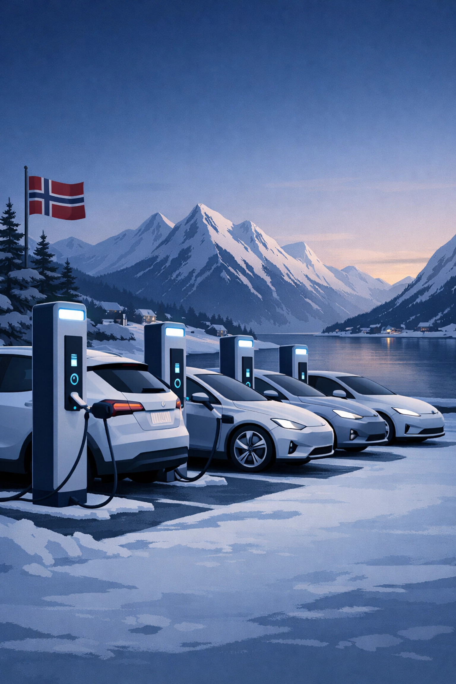 Electric vehicle charging stations in snowy Norwegian landscape at dusk