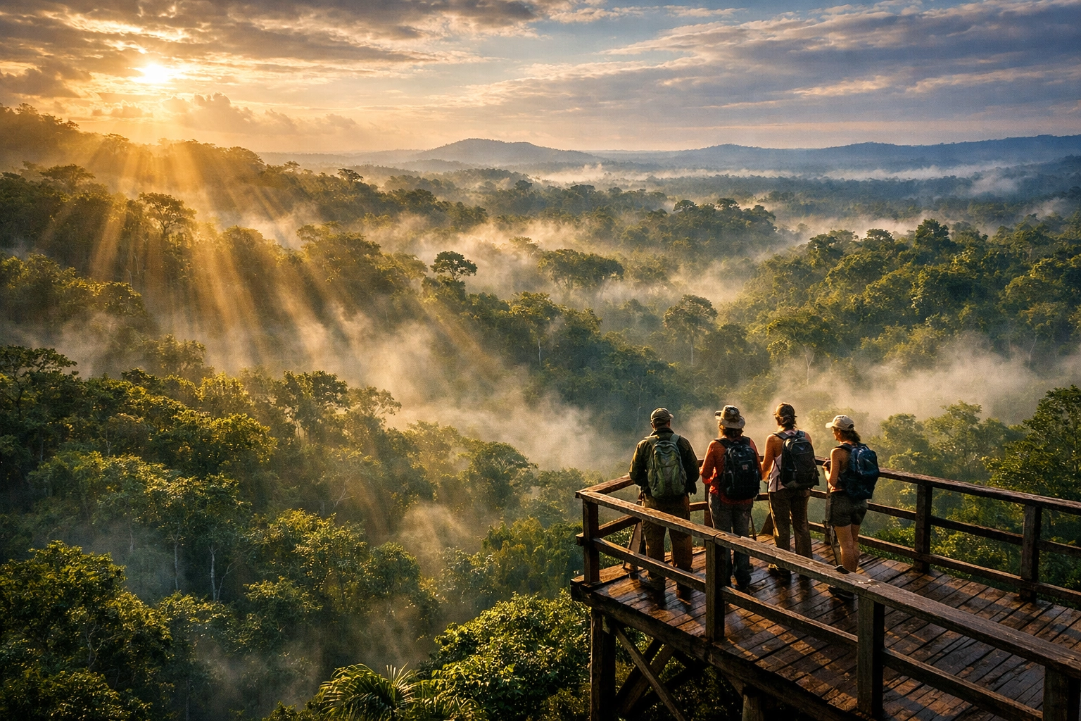 Eco tourists on observation platform exploring Colombia's Amazon rainforest canopy at dawn