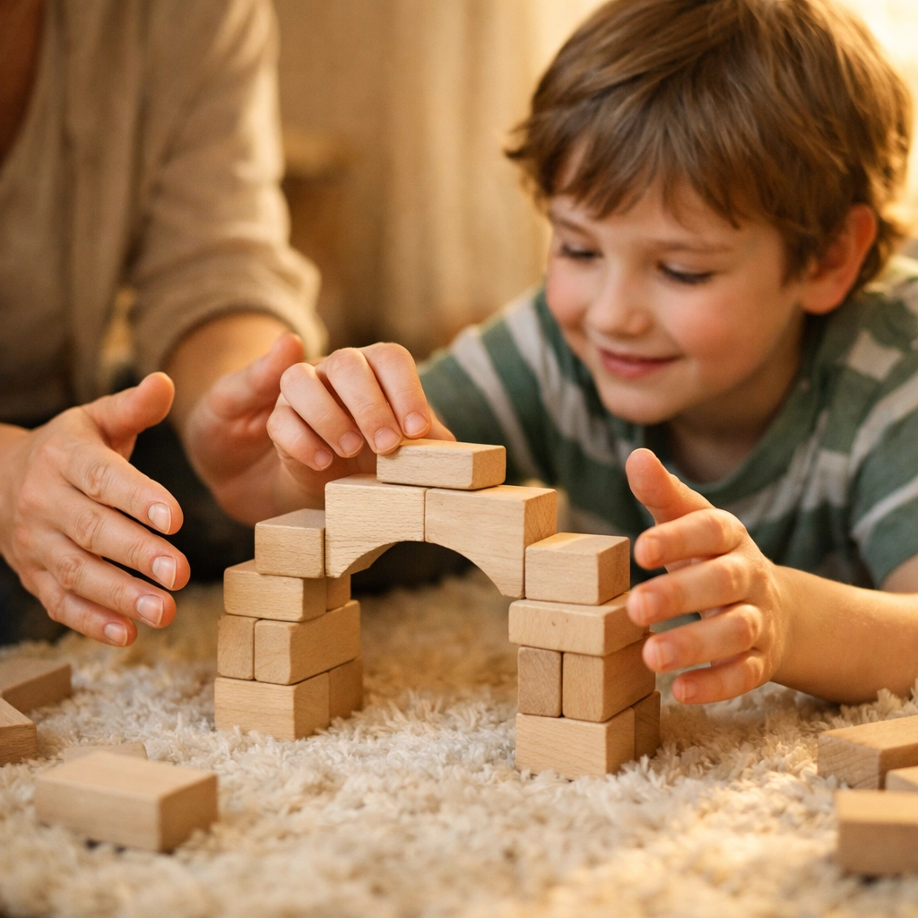 Parent and child building a bridge as a sustainable home life strategy for de-escalation at home.