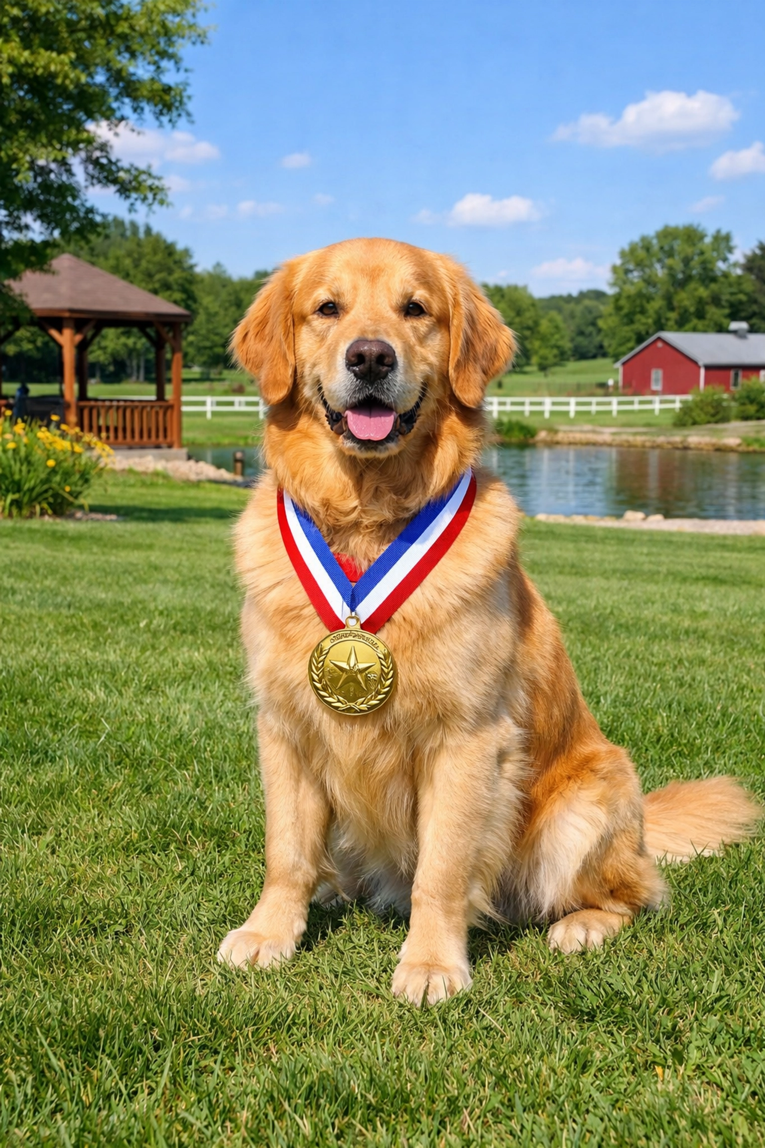 Hero golden retriever Polly wearing CPR Hero award medal on green grass