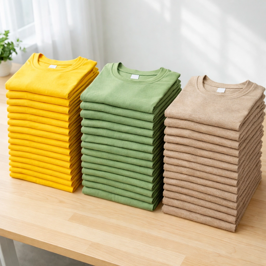 Organized stacks of custom summer camp t-shirts in trending sage green, yellow, and tan colors.