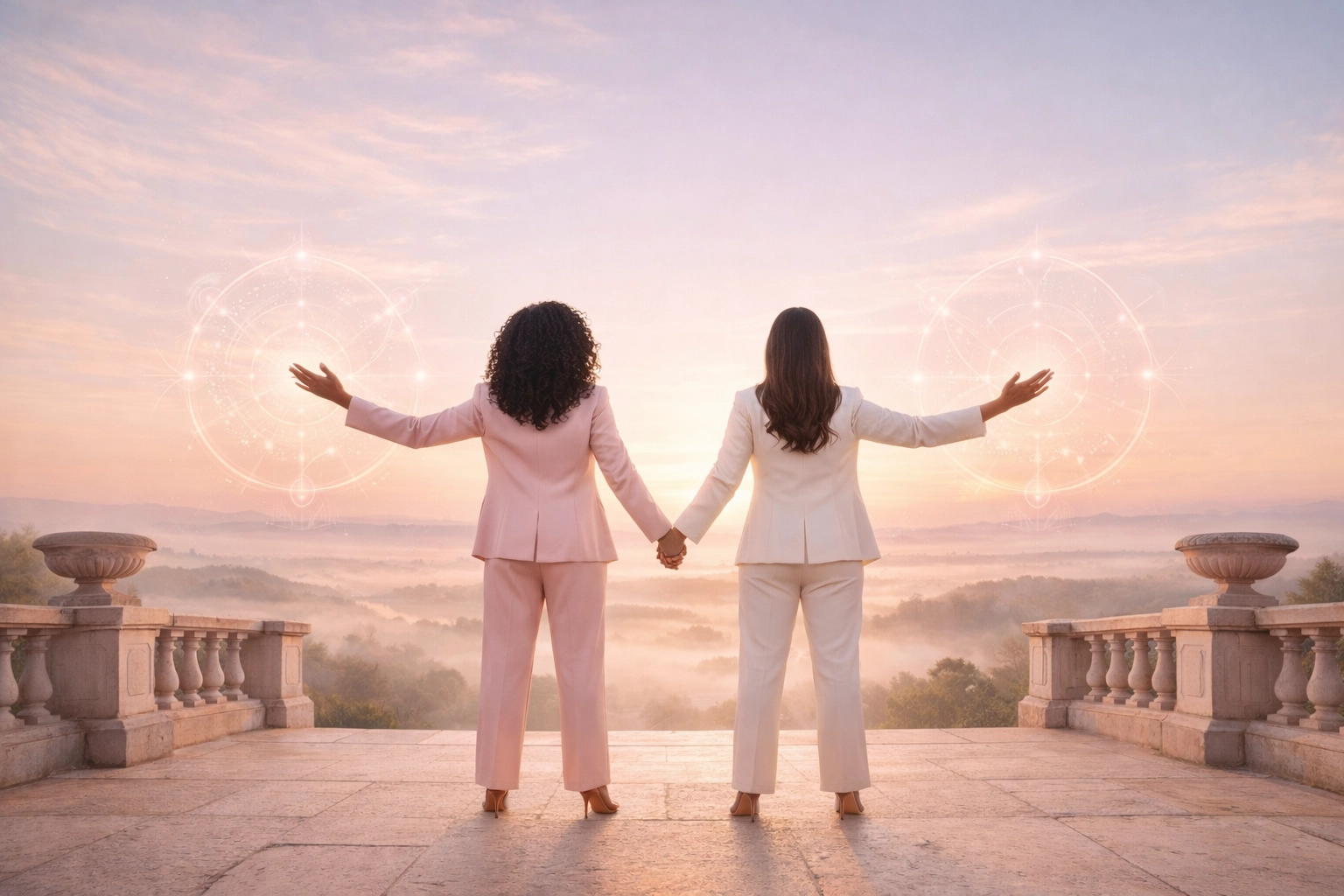 An empowered woman on a terrace at dawn symbolizing energetic expansion and spiritual leadership.