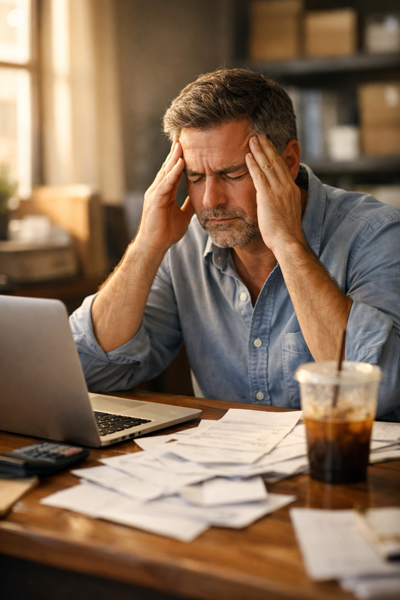 Stressed small business owner at desk experiencing executive burnout before learning Strategic Stillness