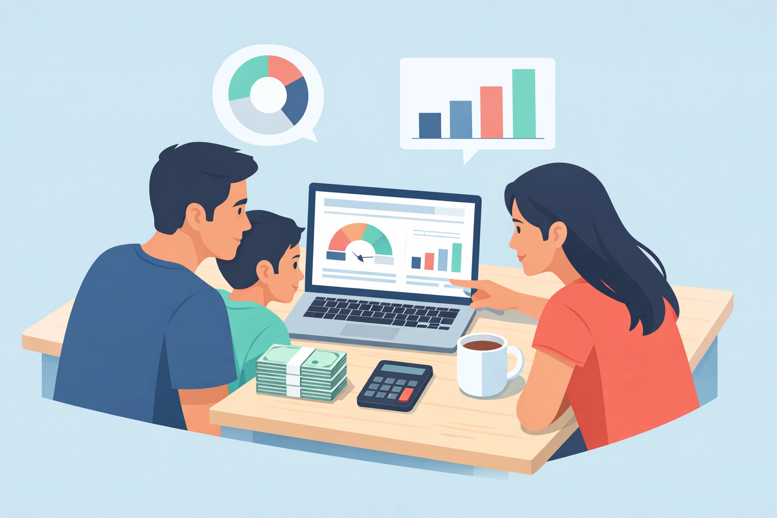 Familia latina evaluando sus finanzas y crédito para comprar casa.