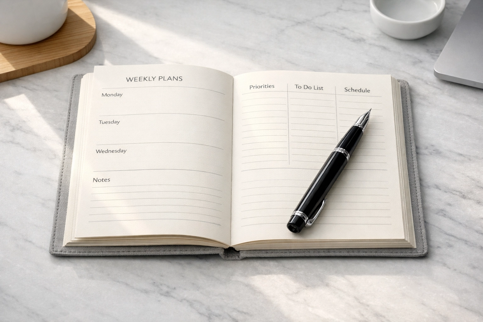 Modern minimalist desk with an open planner representing organized business tax strategy and year-round planning.