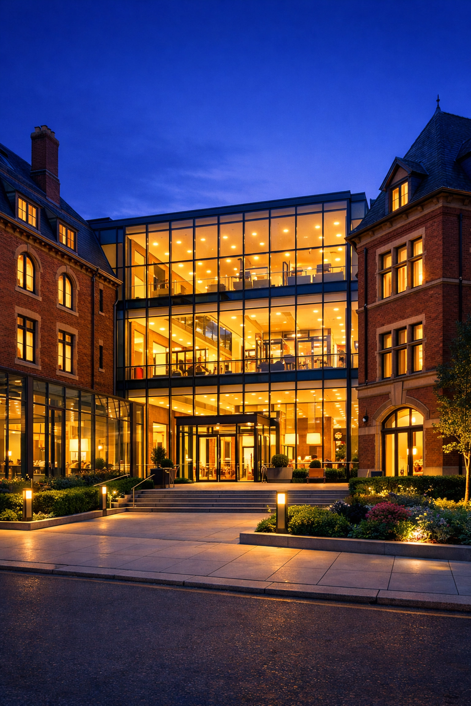 Well-maintained exterior of a prestigious Cambridge mixed-use commercial complex at night.