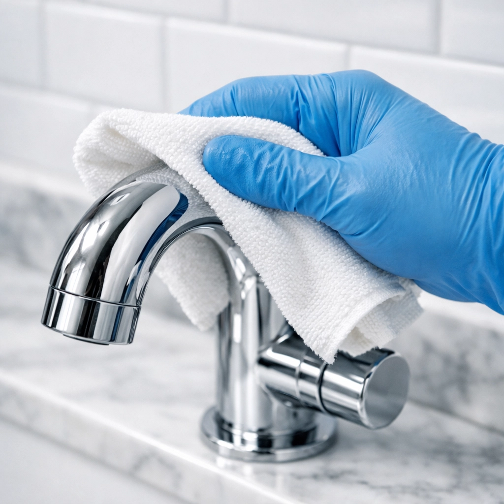 Professional cleaner polishing a chrome faucet during an apartment make-ready service.