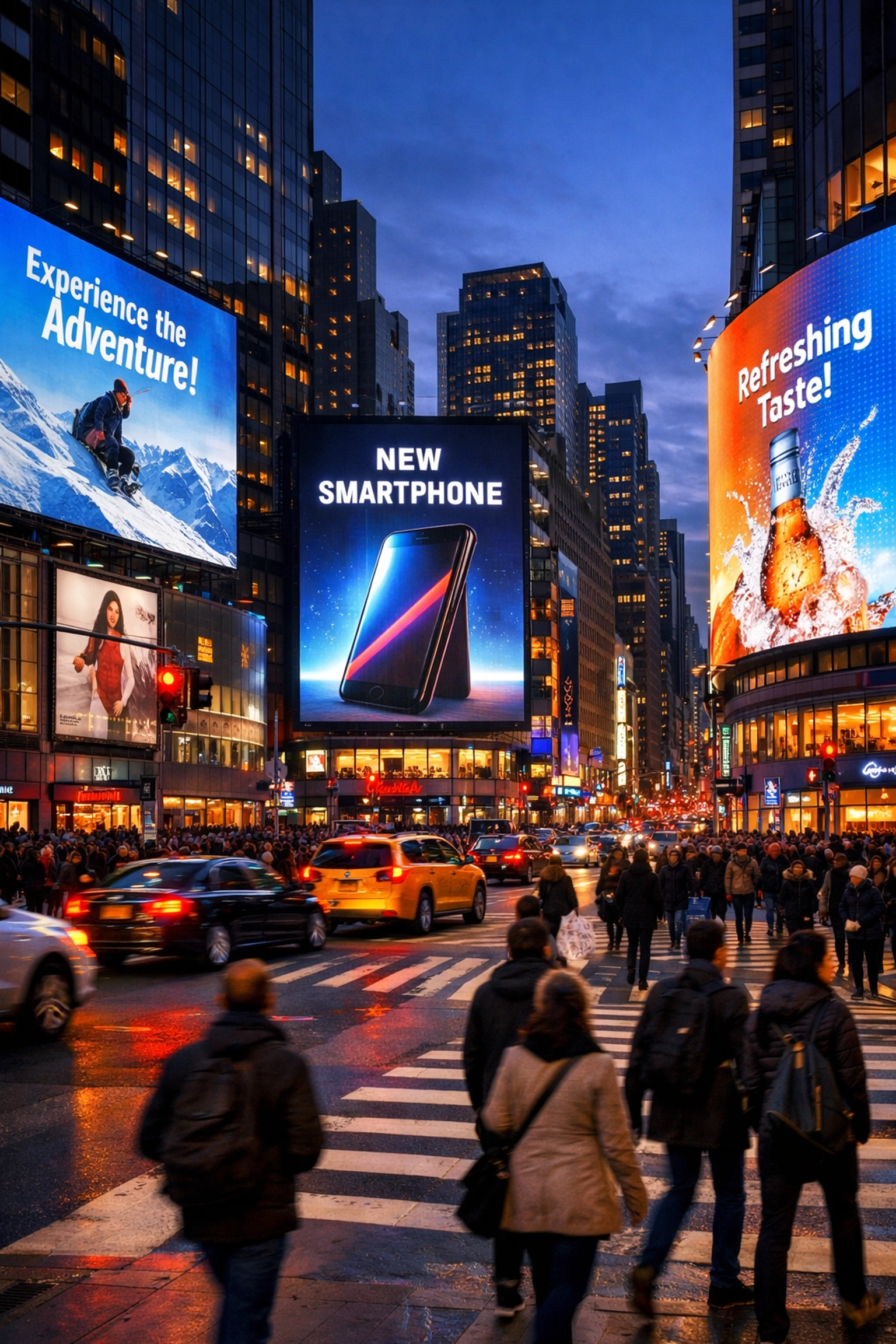 Multiple digital OOH displays in busy urban intersection creating brand dominance