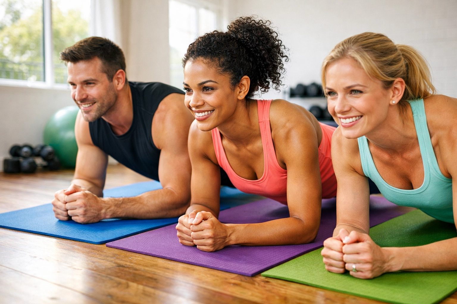 Groupe d'athlètes pratiquant le gainage ensemble lors d'un entraînement