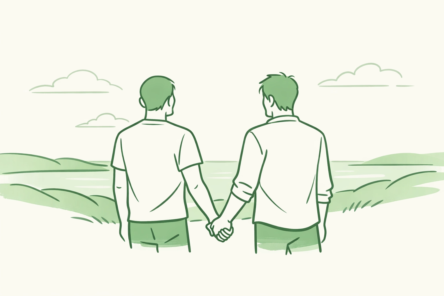 Two men hold hands and look toward the horizon, representing the supportive Read with Pride LGBTQ+ community.