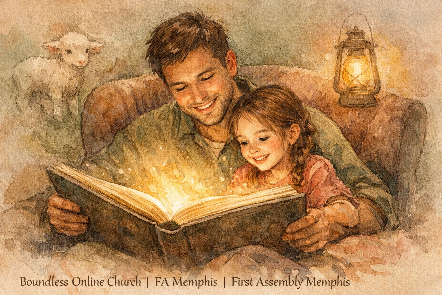 Father and daughter sharing Christian short stories for family devotions at Boundless Online Church.