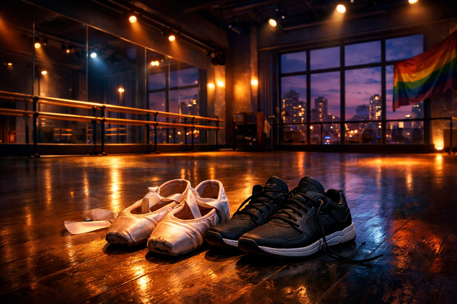 Ballet and modern dance shoes in professional studio setting for gay romance story