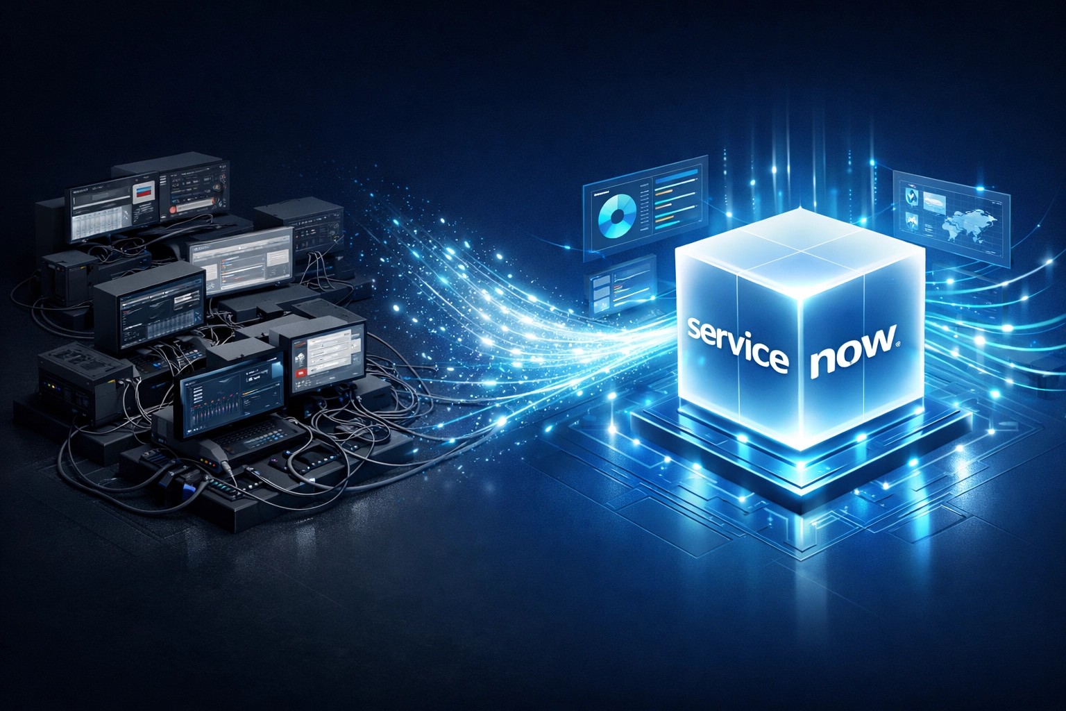 Tool consolidation showing six legacy monitoring platforms unified into single ServiceNow ITOM platform