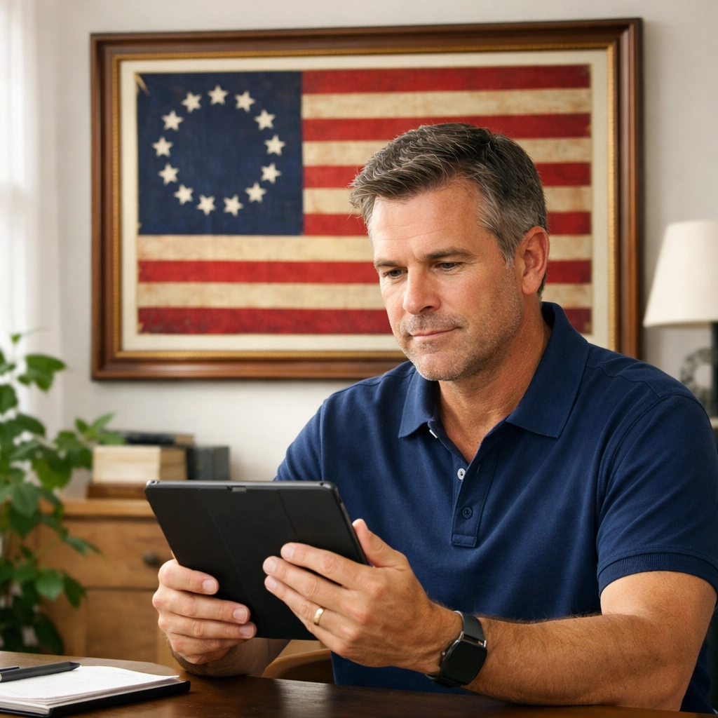 Pledge Allegiance CEO Dan Kost in a sunlit office reflecting on civic leadership and history.