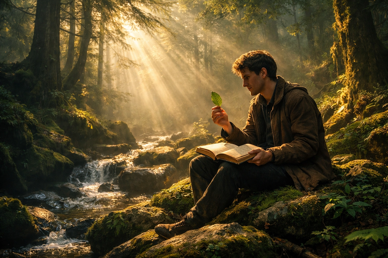 A man practicing bible verse meditation in a quiet, sunlit forest.