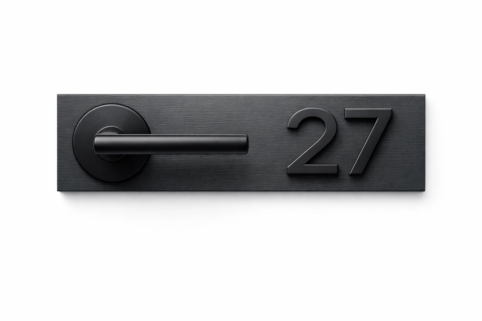 Modern matte black door hardware and house numbers on a charcoal exterior wood panel.