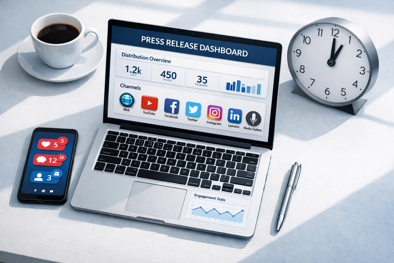 Automated press release dashboard at 1PM showing multi-channel distribution for sports marketing agencies