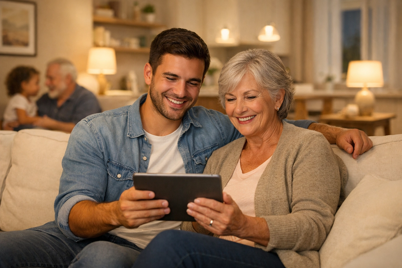 Happy multi-generational family relaxing in a cozy living room, enjoying affordable Texas living.
