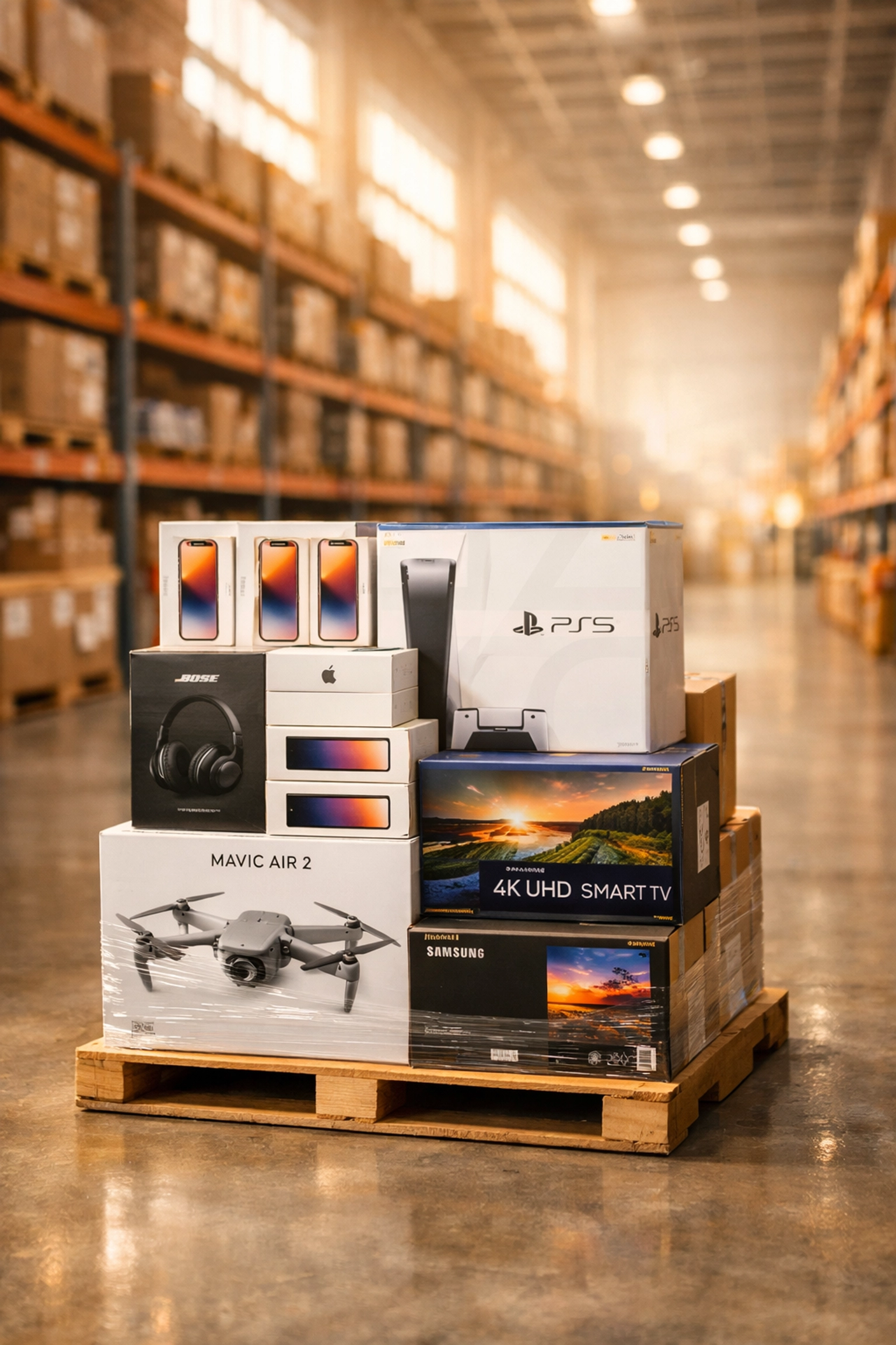 High-quality abandoned inventory in original retail boxes at a modern liquidation warehouse.