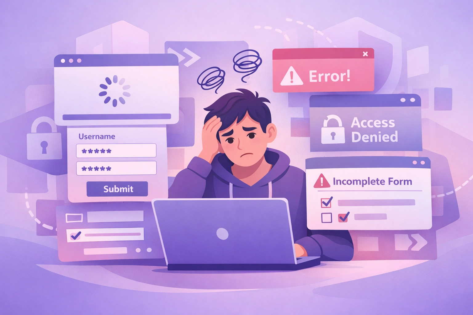 Customer frustrated by complex website forms and multiple windows creating friction