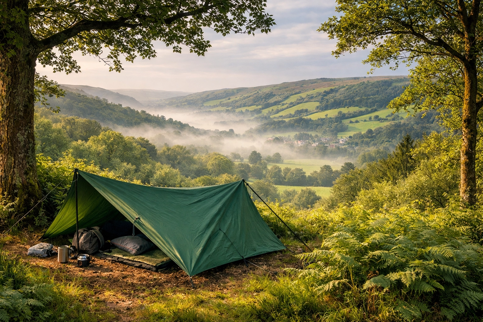 Green tarp emergency shelter overlooking a misty valley during a guided wild camping trip in the UK.
