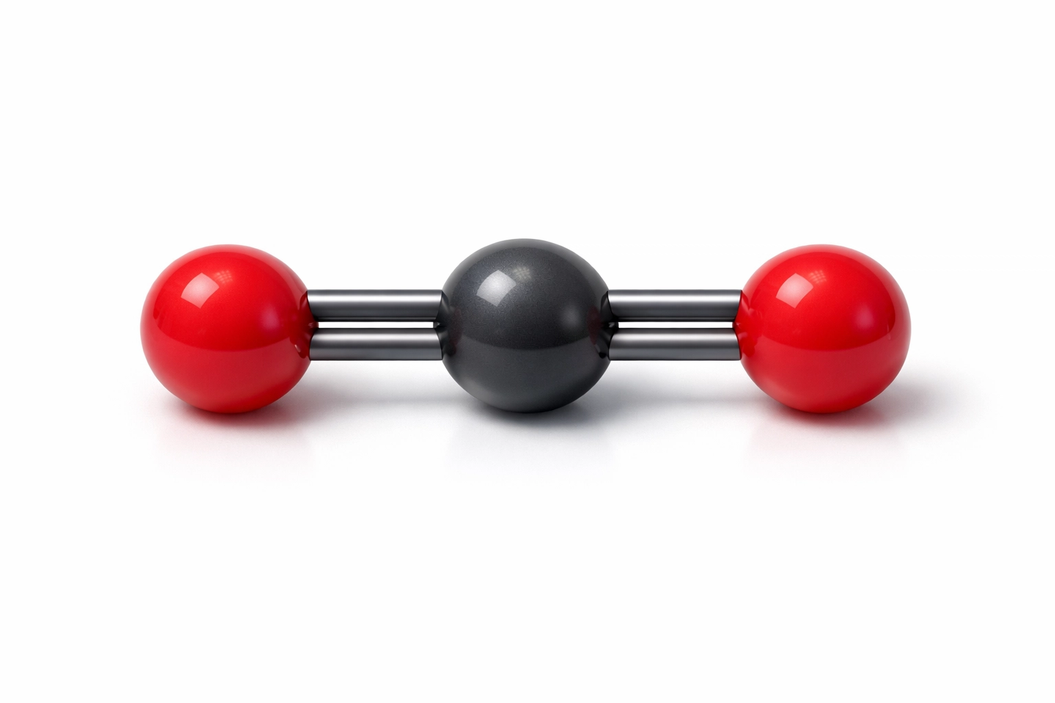 3D ball-and-stick model of a carbon dioxide molecule illustrating its linear molecular geometry.
