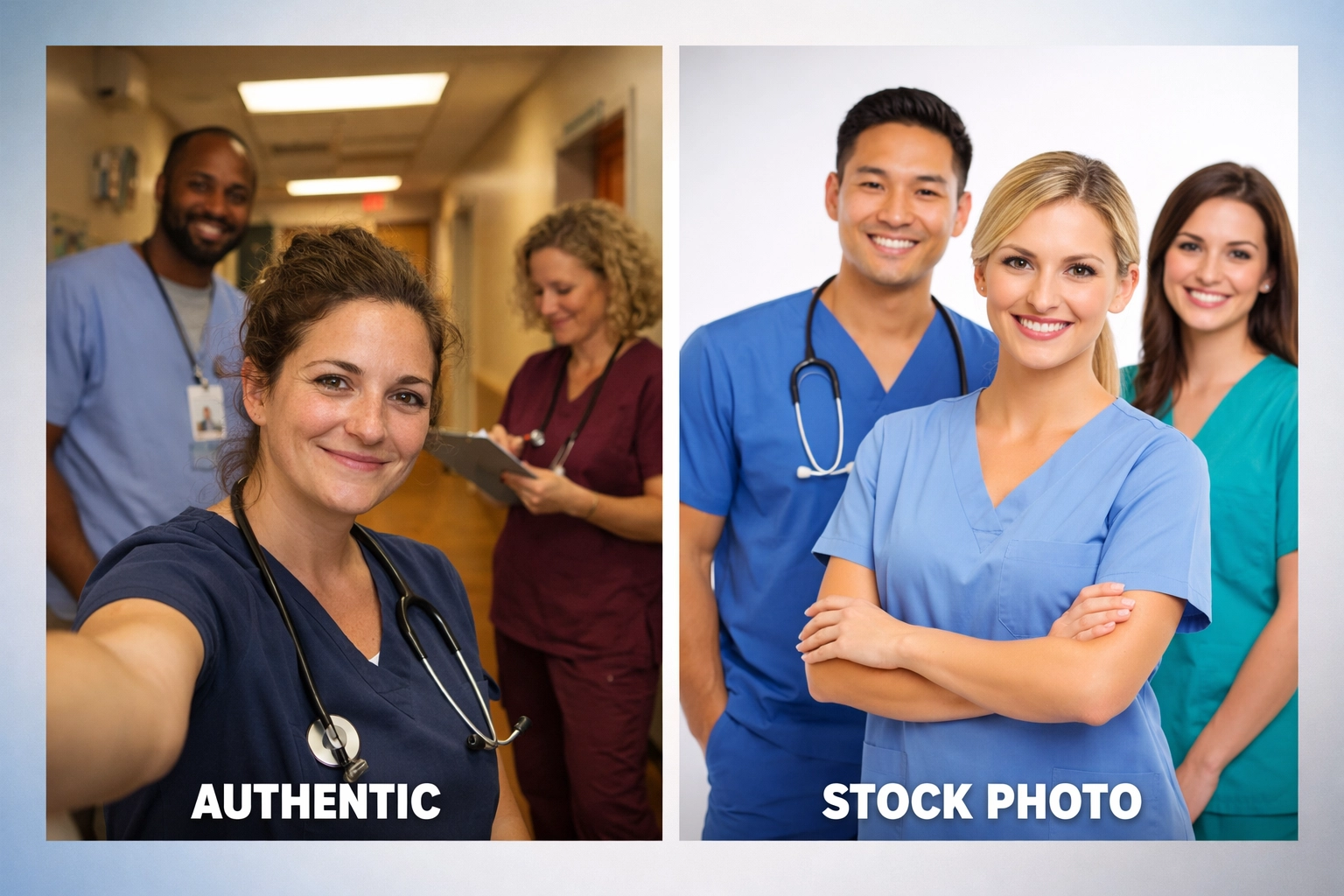 Comparison of authentic treatment center staff photos versus generic stock photography