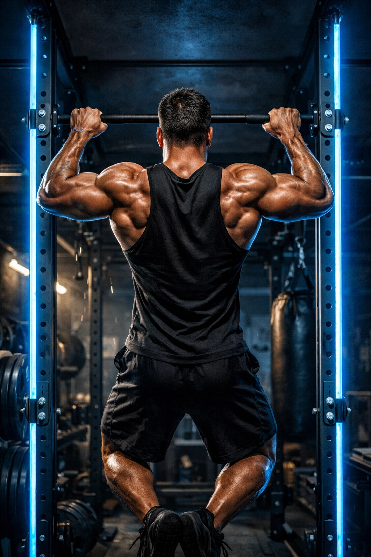 Athlete performing pull-ups on a versatile floor to ceiling Resistance Rail system in a home gym.