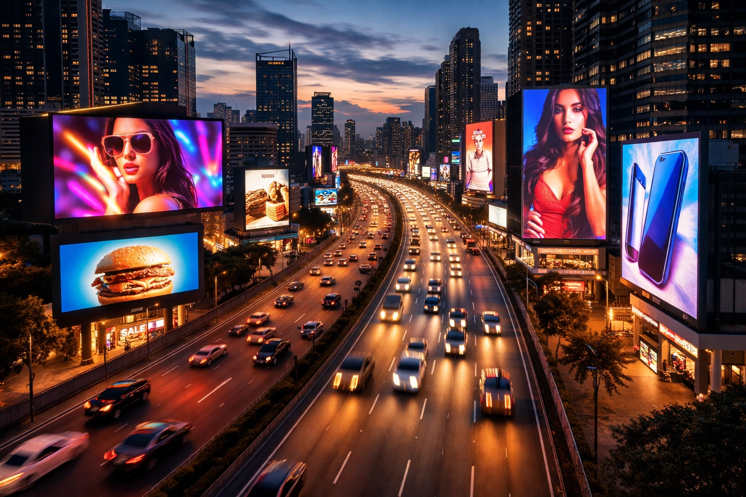 Digital billboards and outdoor advertising displays illuminate a busy urban highway at dusk