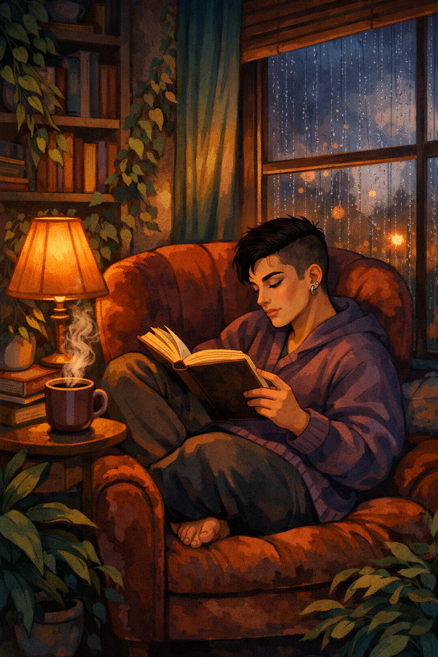 A trans masculine person reading a book for self-care and emotional resilience during the stressful fertility process.