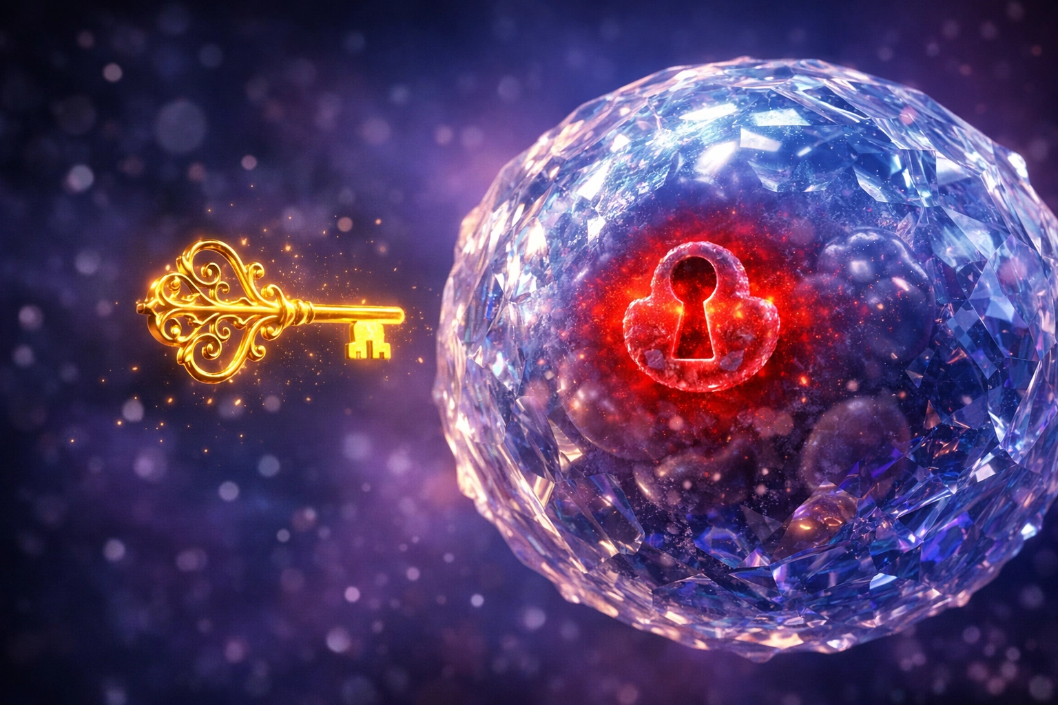 Abstract visualization of insulin resistance with a key attempting to unlock a cell membrane.