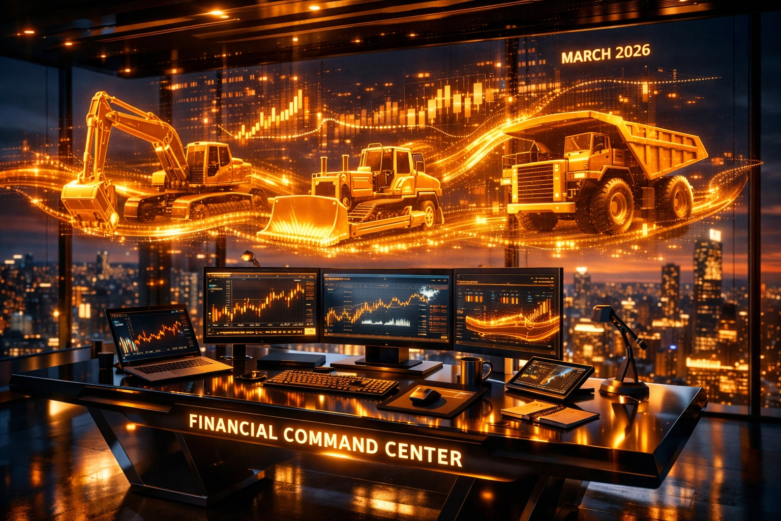 Modern financial command center with equipment holograms symbolizing agile business funding and capital growth.