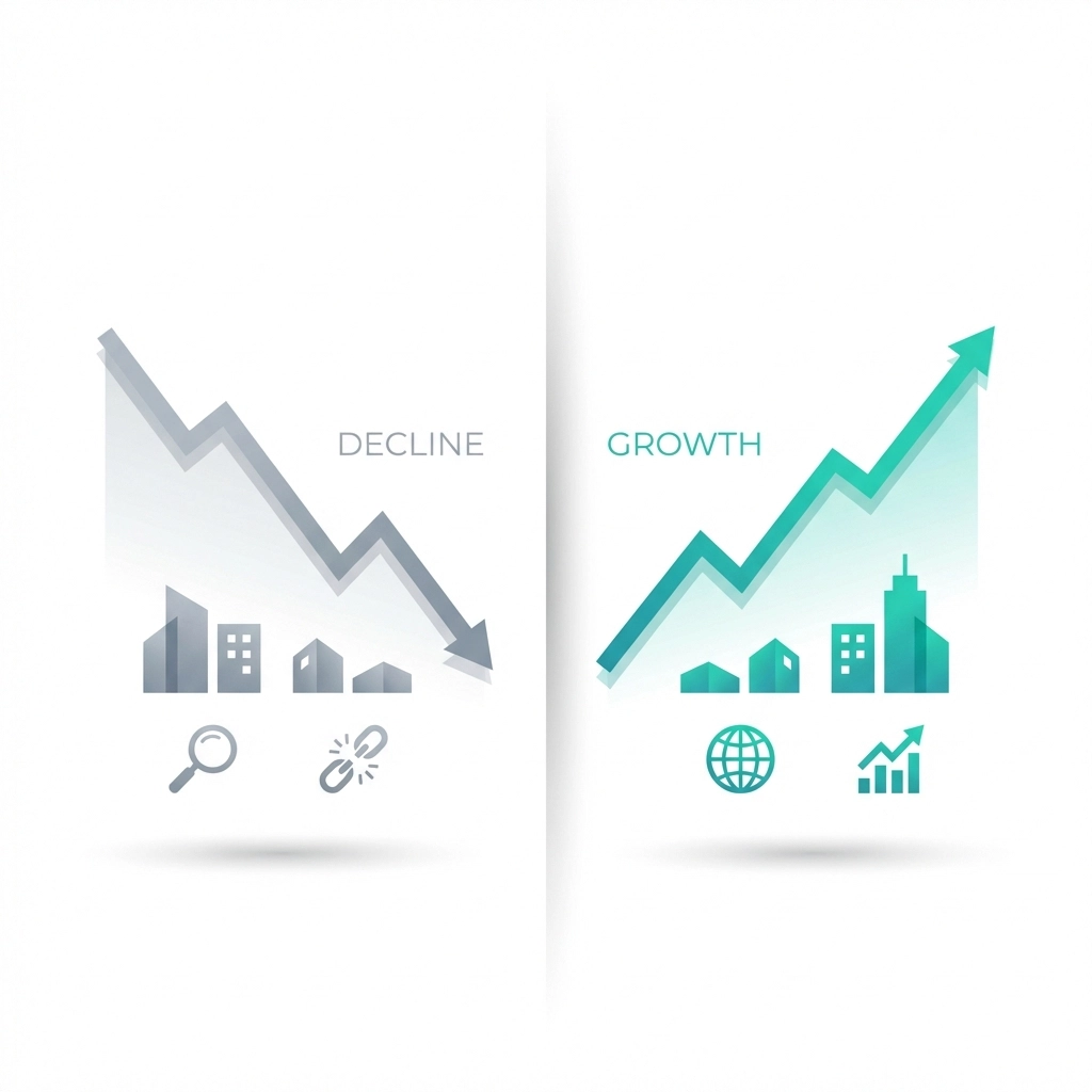 Split graph illustration of declining and rising website traffic trends in 2026 digital landscape