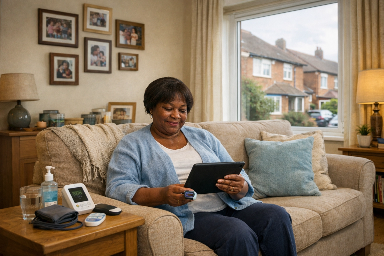 Patient using virtual ward remote monitoring equipment at home for respiratory care