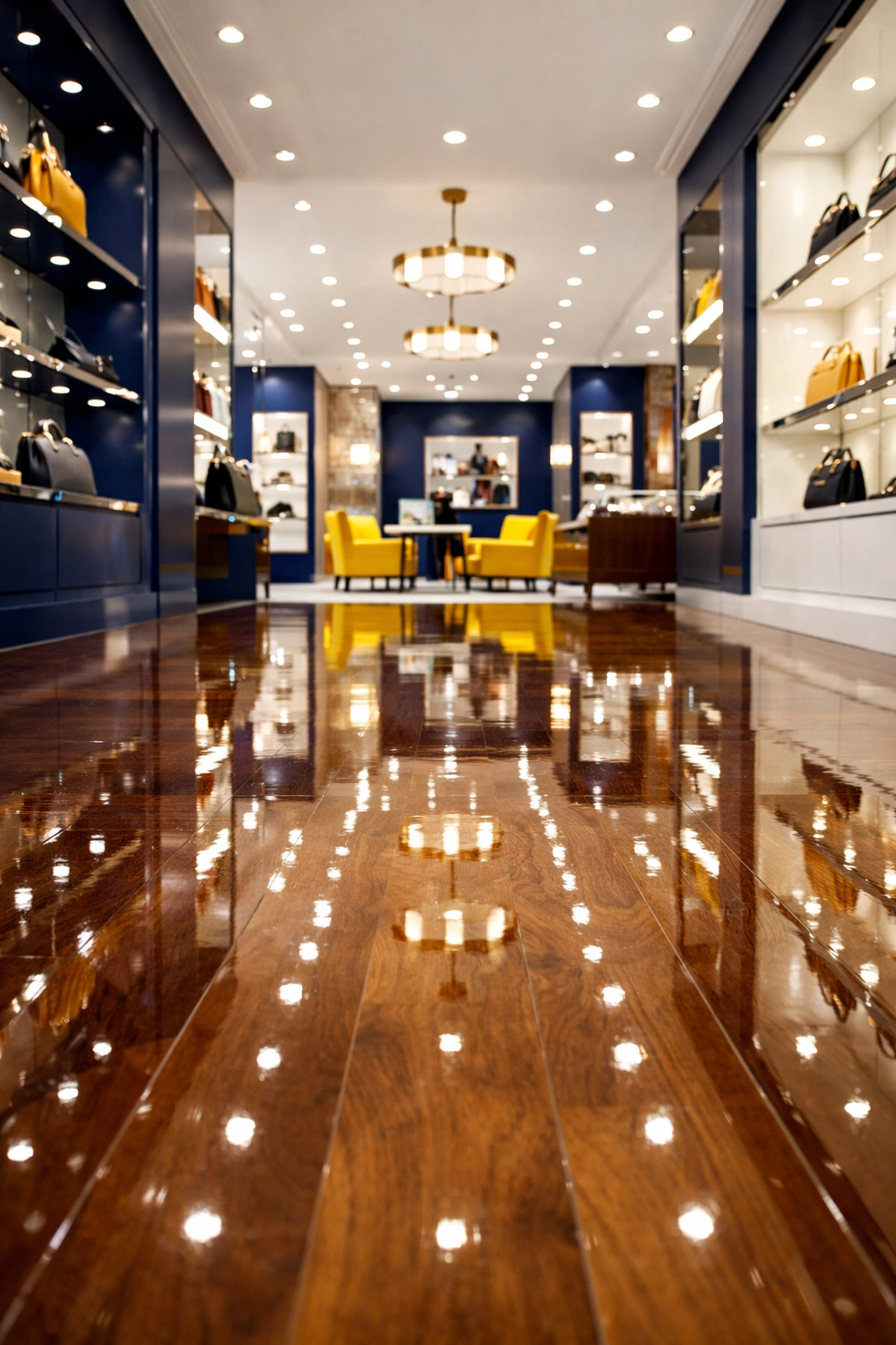 Mirror-finish retail flooring demonstrating expert hard floor care for Methuen businesses.