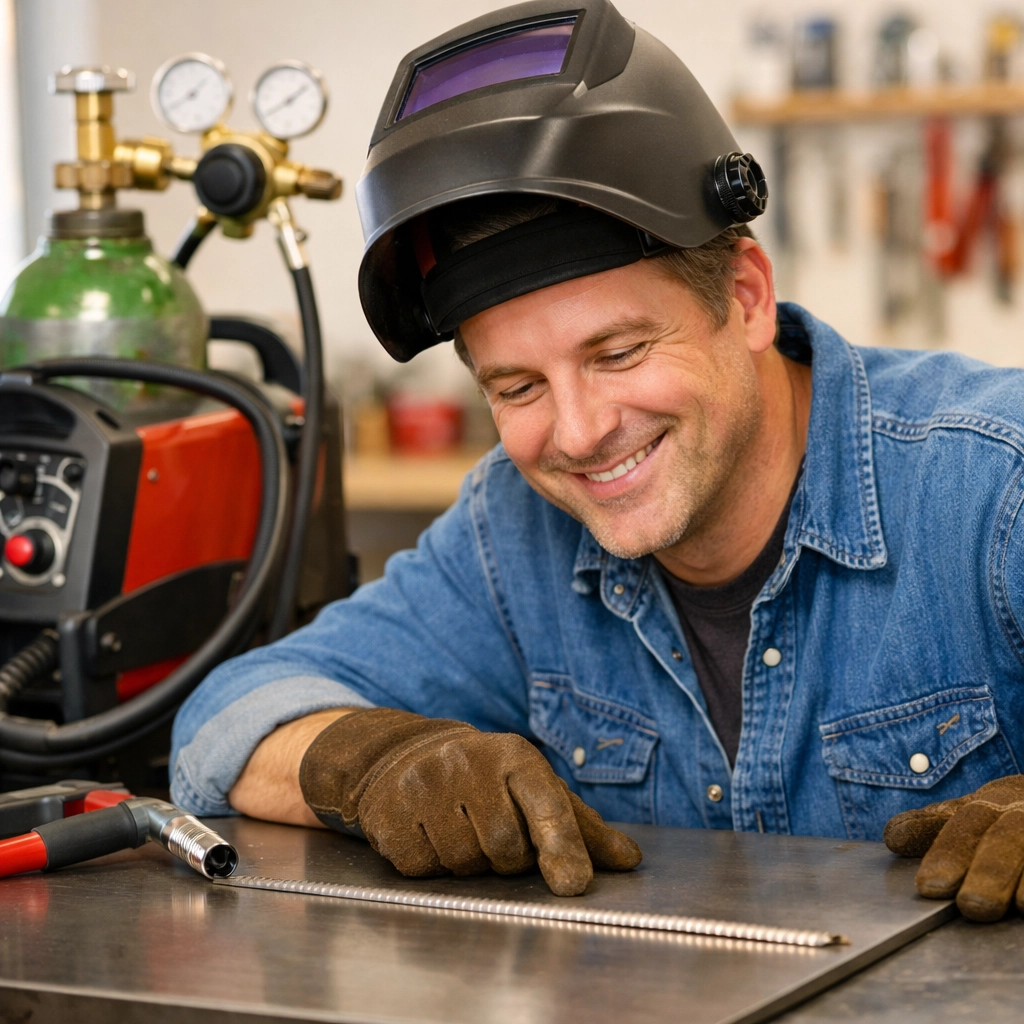 A hobbyist welder inspecting a clean weld bead next to a professional MIG welding setup and gas regulator.