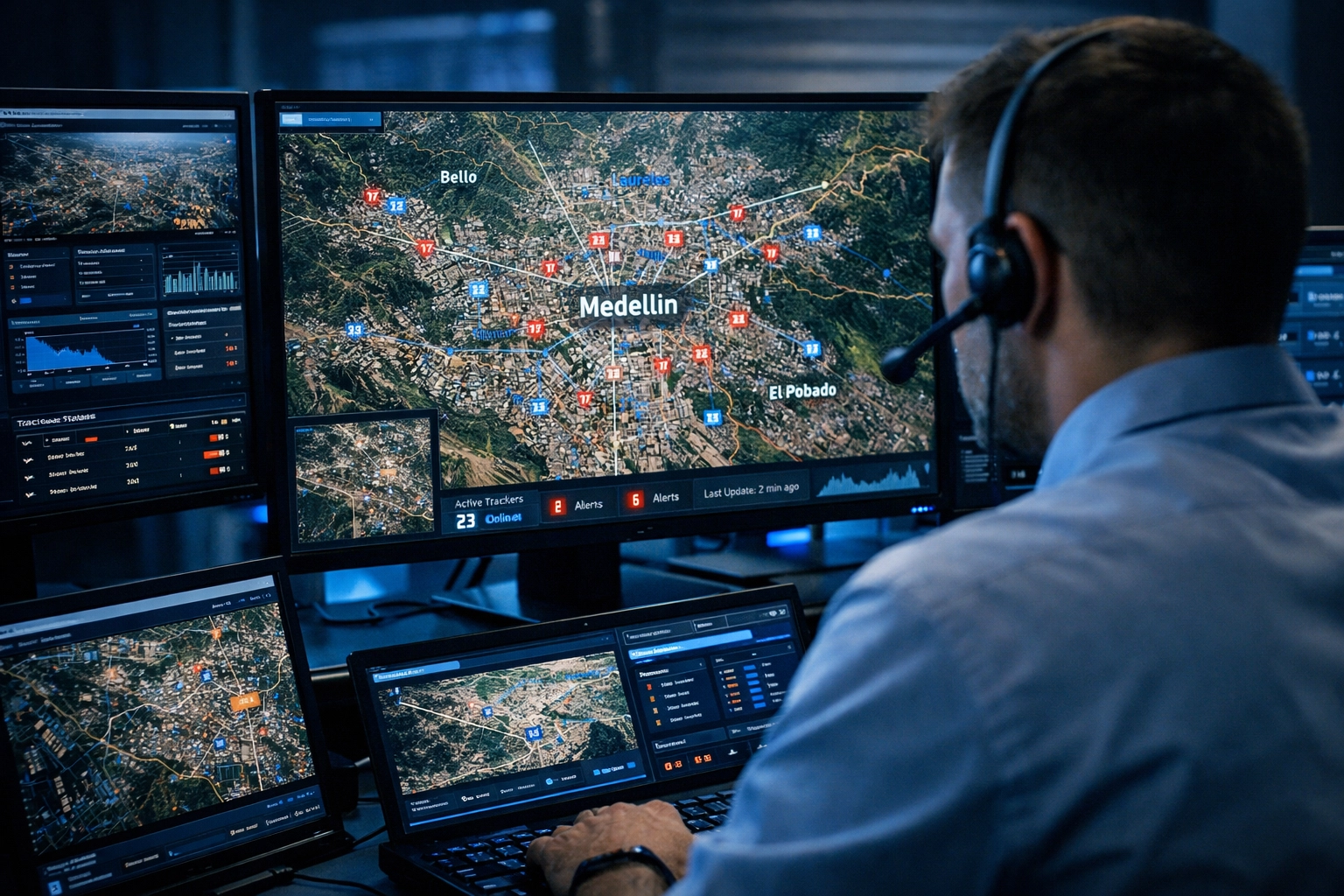 Security analyst monitoring real-time threat intelligence for executive protection in Medellin