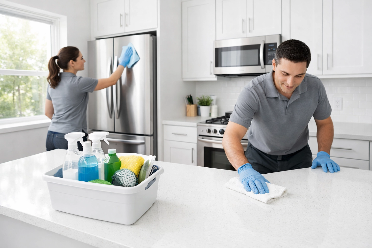 Professional cleaners performing apartment turnover cleaning in modern kitchen