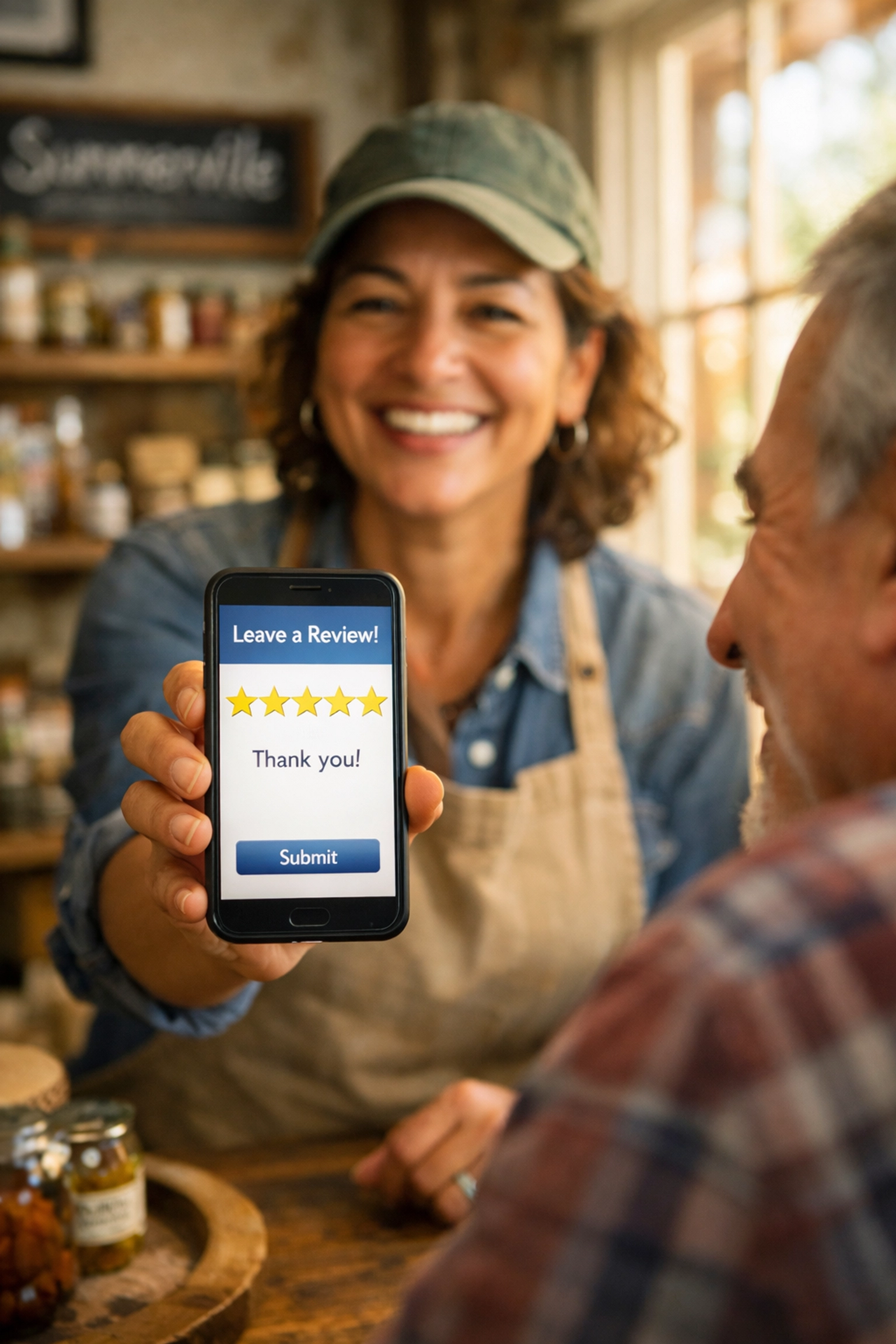 Small business owner showing 5-star customer review on phone to happy customer in shop