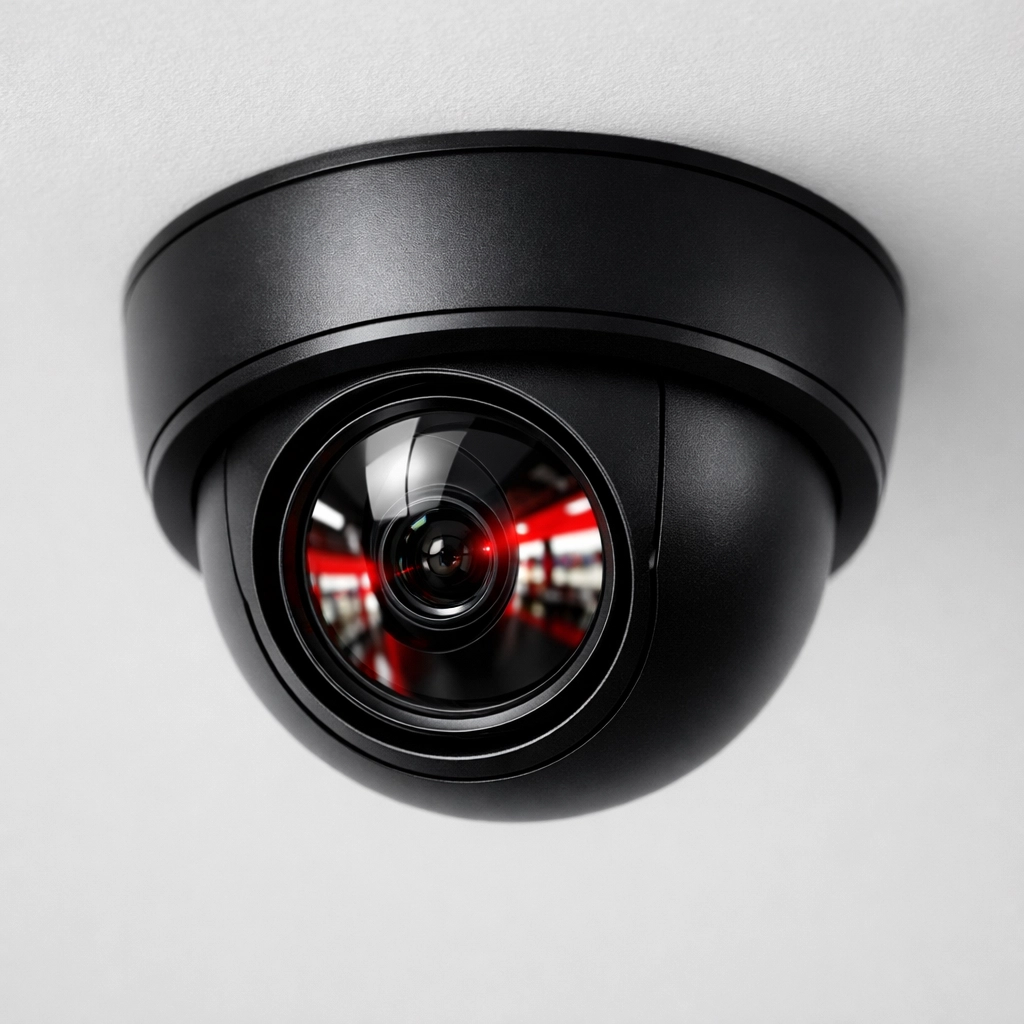 A retail security camera monitoring a store to address rising shoplifting incidents in Calgary.