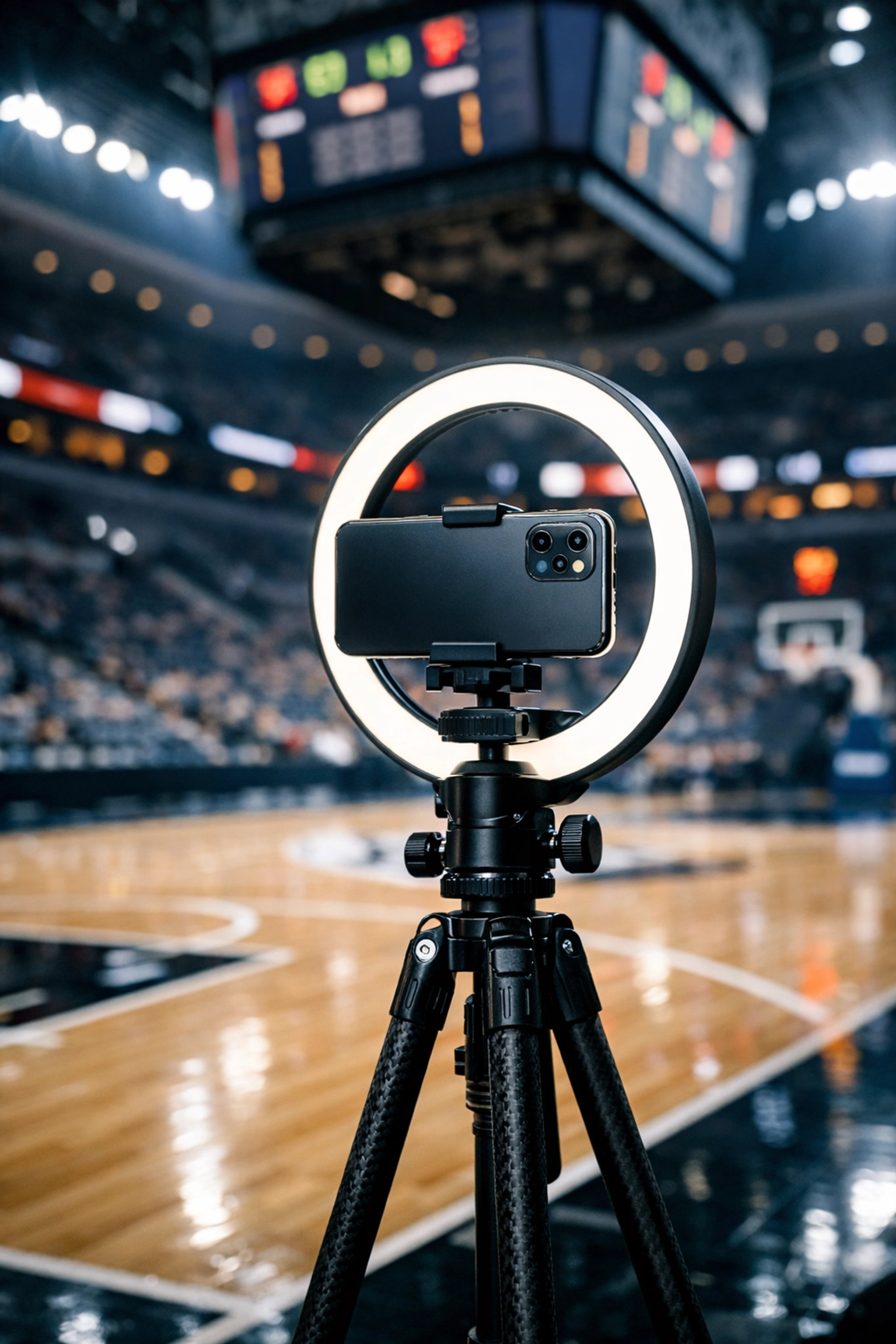 Professional smartphone setup on a basketball court for sports social media content creation and digital fan engagement.